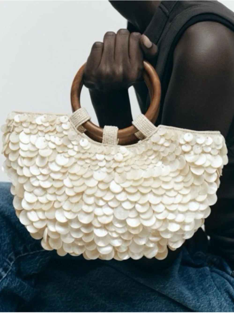 Zara Cream Sequin Circle-Handle Tote Bag